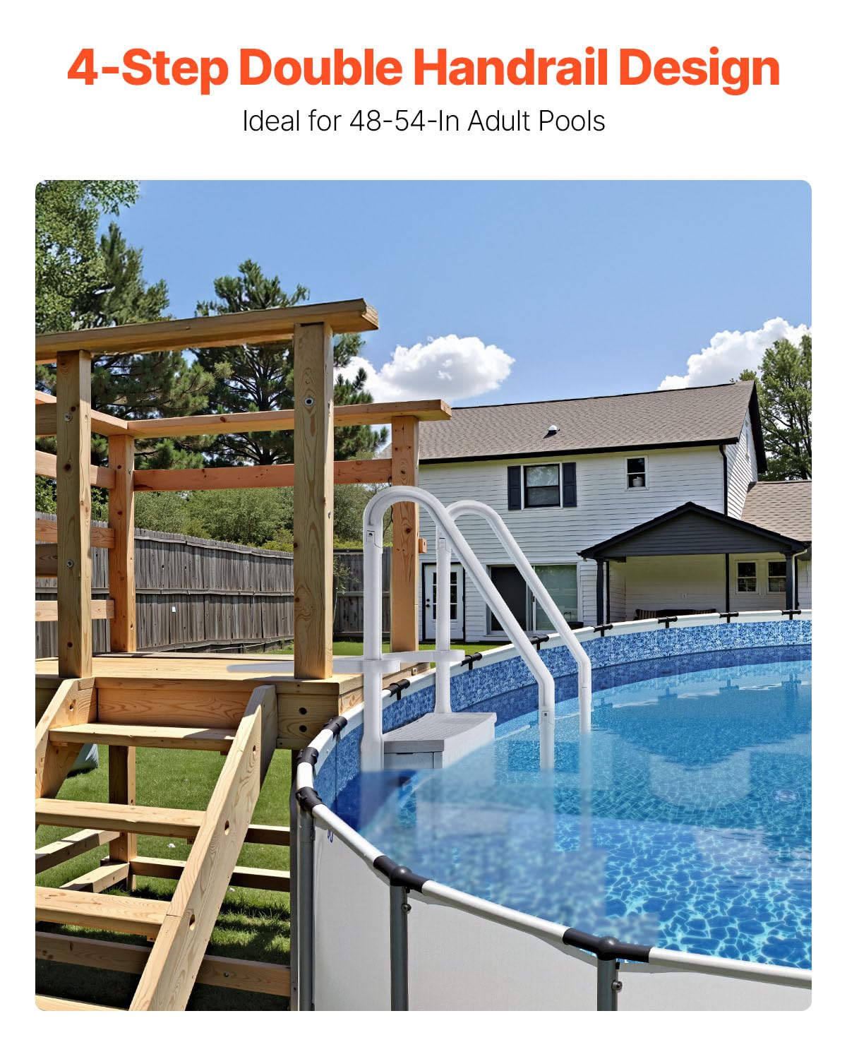 VEVOR Escalier de Piscine en Plastique avec 2 Rampes, 4 Marches Antidérapantes, Capacité de Charge 181,4 kg, pour Piscines Creusées 122-137 cm, Terrasse, Jardin, Maison, Intérieur, Extérieur, Gris – Image 2