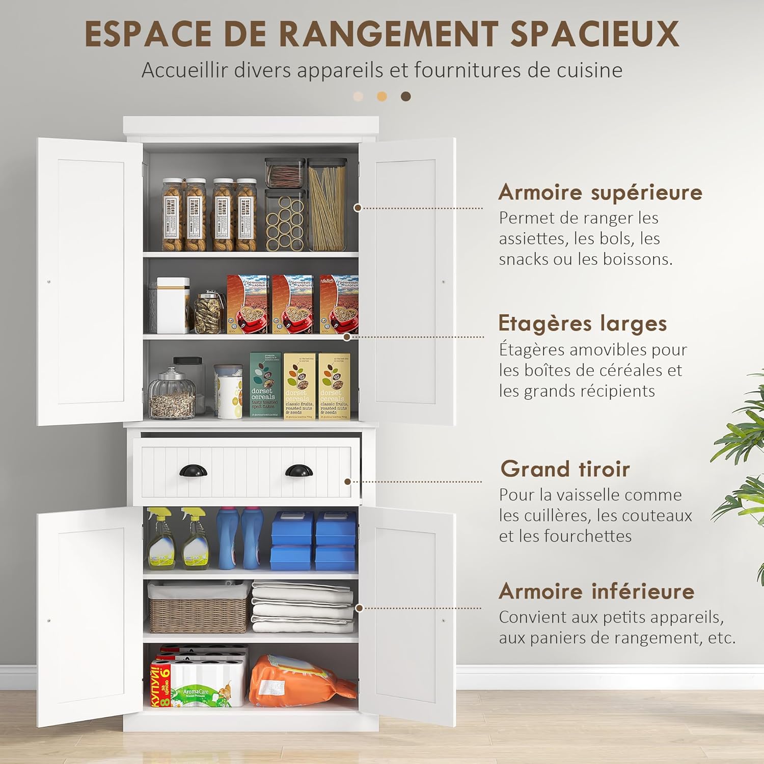 HOMCOM Armoire de Cuisine Buffet Cuisine Style Moderne vaisselier avec placards à Portes, étagères réglables et tiroir, Meuble de Rangement pour Salle à Manger, Salon, 76,2 x 40,2 x 183 cm, Blanc – Image 4