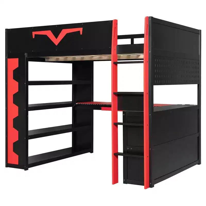 Luxystar Modern Gaming Full Loft Bed With Lighted Desk And Keyboard Tray, Pegboard, Storage Bookcase – Image 13