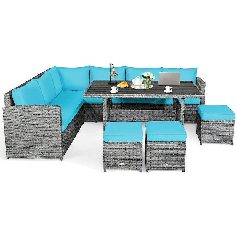 7 Pcs All-Weather Patio Rattan Dining Furniture Sectional Sofa Set with Wicker Ottoman and Cushed Couch – Image 19