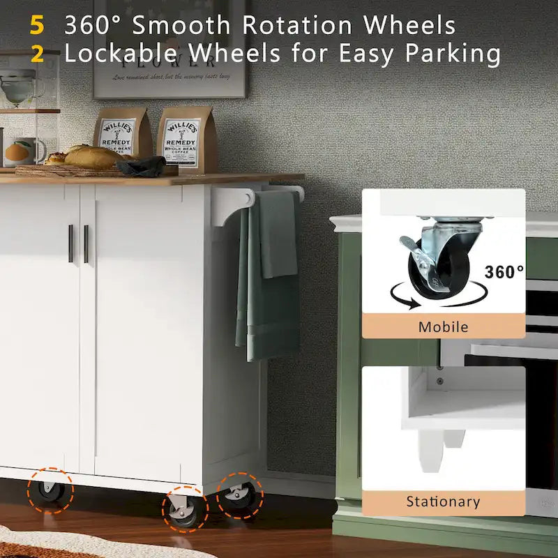Kitchen Island with Foldable Counter Top, Kitchen Storage Cart with Slide-Out Shelf, Towel Rack and Drawer, Rolling Wheels – Image 25