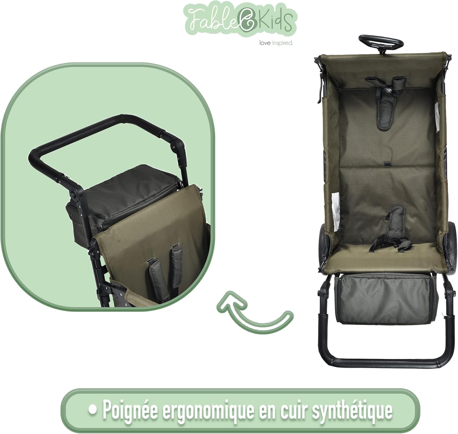 FableKids Chariot Leo X2Lite avec Toit 2 Places Chariot de Transport Pliable Sac arrière Harnais 5 Points Roues 360° Couverture Anti-poussière Incluse Oxford 600D Vert Safari – Image 7