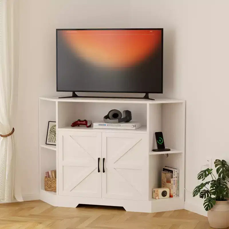 Corner TV Stand for TVs up to 55 Farmhouse Barn Door Media Console with Open Shelves & Storage Cabinet, White
