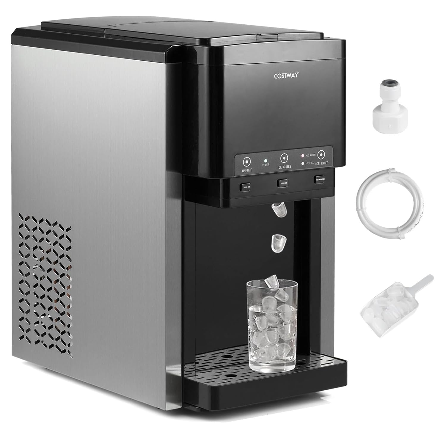 COSTWAY 3 en 1 Distributeur d'Eau avec Machine à Glaçons en Cubes et Glace Pilée 20 kg en 24h, Refroidisseur d'Eau de Comptoir, Remplissage Manuel/Automatique, pour Maison, Cuisine, Bureau