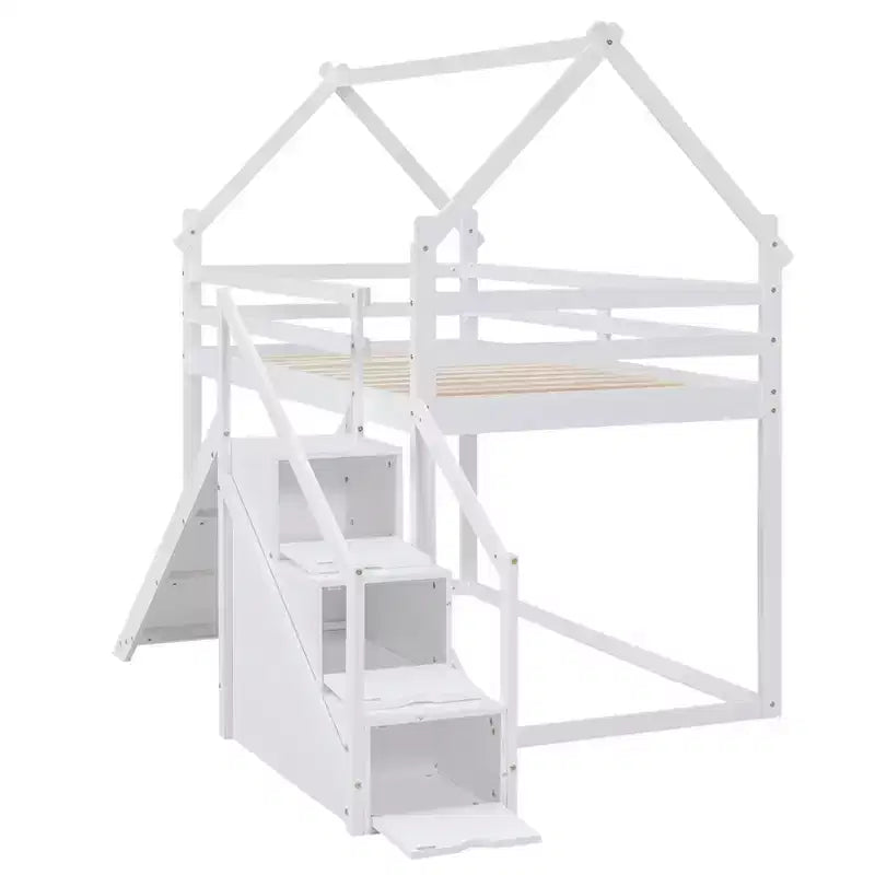 House Bunk Beds with Slide and Storage Stairs, Kids Wood Twin over Twin Bunk Bed with Roof and Stairs for Girls Boys – Image 25