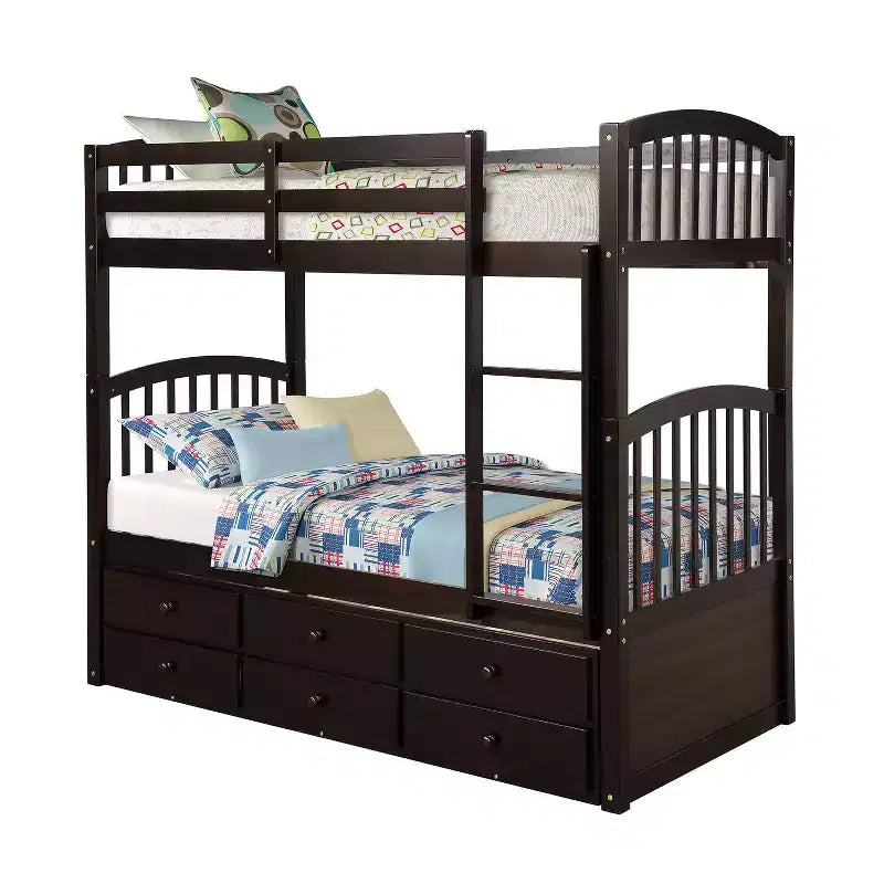 Twin Bunk Bed with Ladder, Safety Rail, Twin Trundle Bed with 3 Drawers for Teens Bedroom, Guest Room Furniture – Image 4