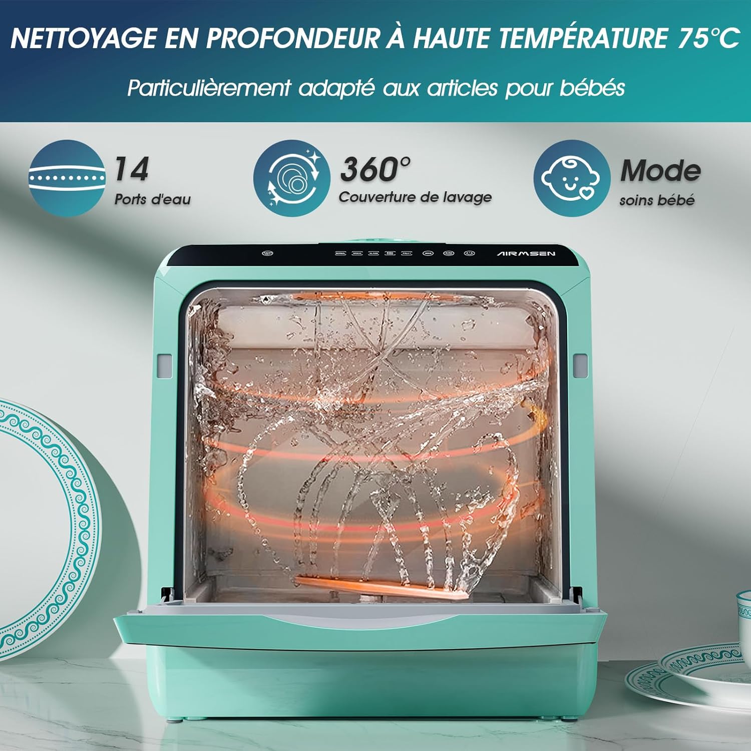 AIRMSEN Mini Lave-Vaisselle de Comptoir, 5+1 Programmes, Réservoir d'Eau de 5L, Contrôle Tactile et Écran LED, Adapté pour les Cuisines Familiales, Appartements et Dortoirs, Vert – Image 4