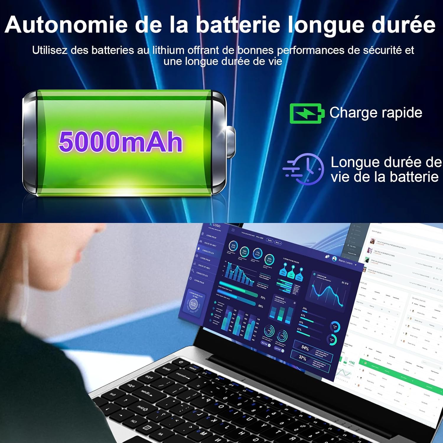 Ordinateur PC Portable 14 Pouces 8+256Go Win11 Celeron N4020 Support 1 To SSD Expansion 2.4G+5G WiFi Bluetooth 4.2 USB HDMI 1920 x 1080 FHD avec souris sans fil & Membrane de clavier AZERTY - Argent-1 – Image 6