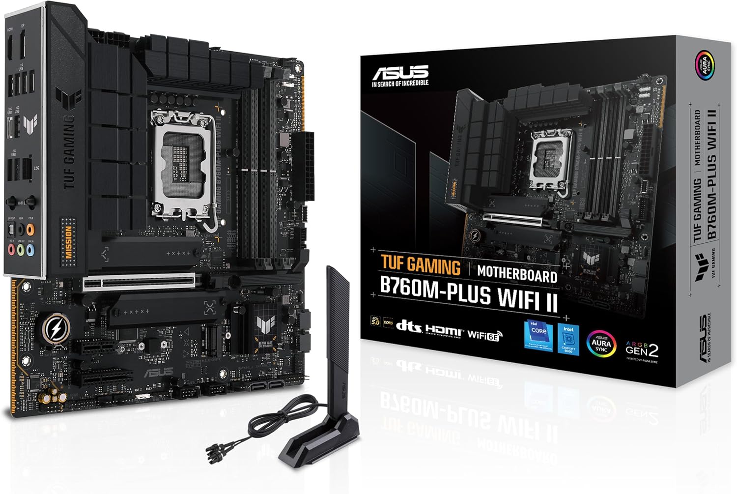 TUF Gaming B760M-PLUS WiFi II Carte mèreB760 LGA 1700 mATX (PCIe 5.0, M.2, DDR5, WiFi 6E, Antenne Q, Realtek 2,5 Go Ethernet, DP, HDMI, SATA 6 Gbps, USB Type-C, Thunderbolt 4, Aura Sync)