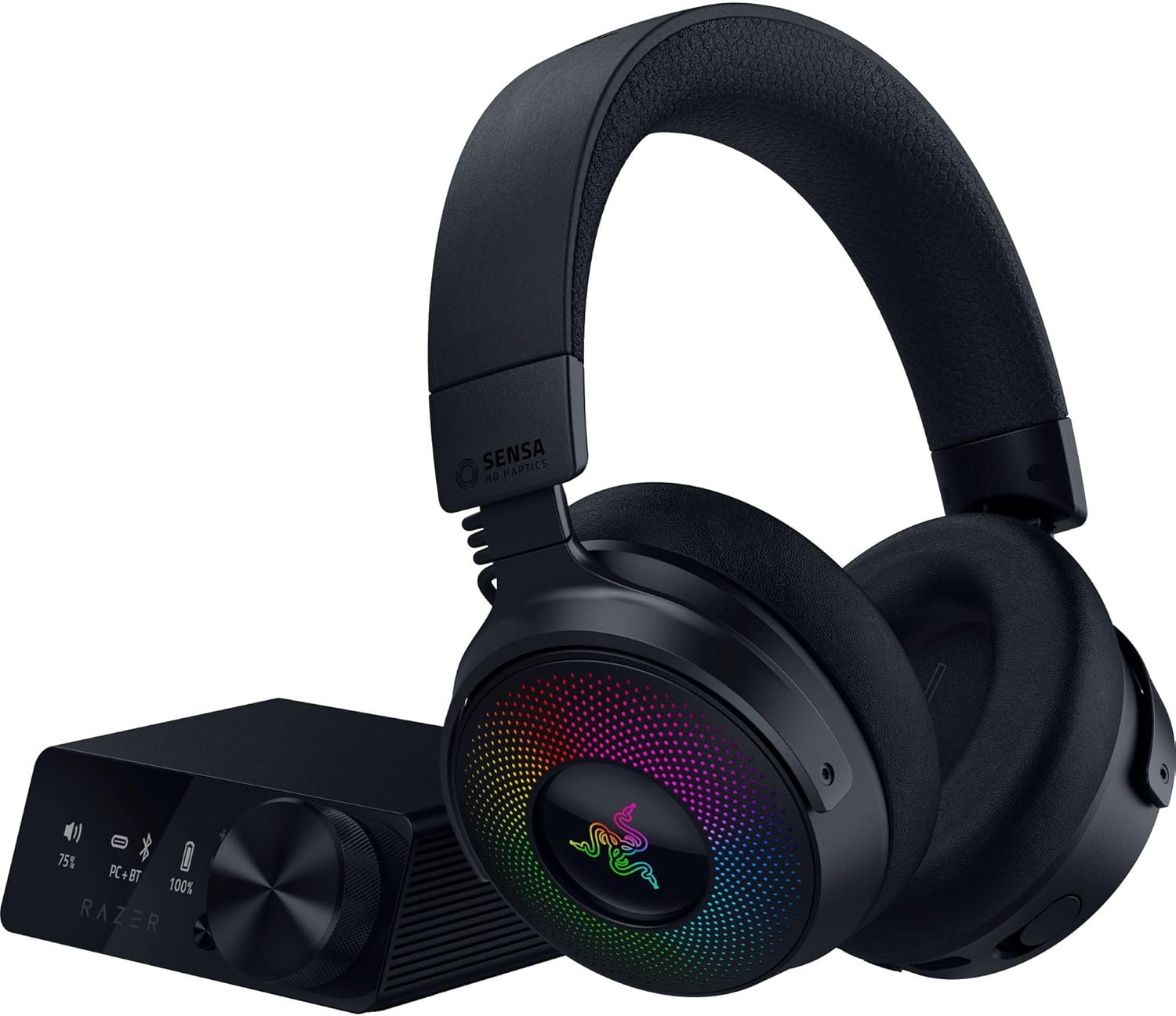 Razer Kraken V4 Pro - Casque de Jeu sans Fil avec hub de contrôle - Sensa HD haptics (hub de contrôle OLED, Triforce 40mm Drivers, HyperSpeed & Bluetooth, THX Spatial Audio, RGB) Noir