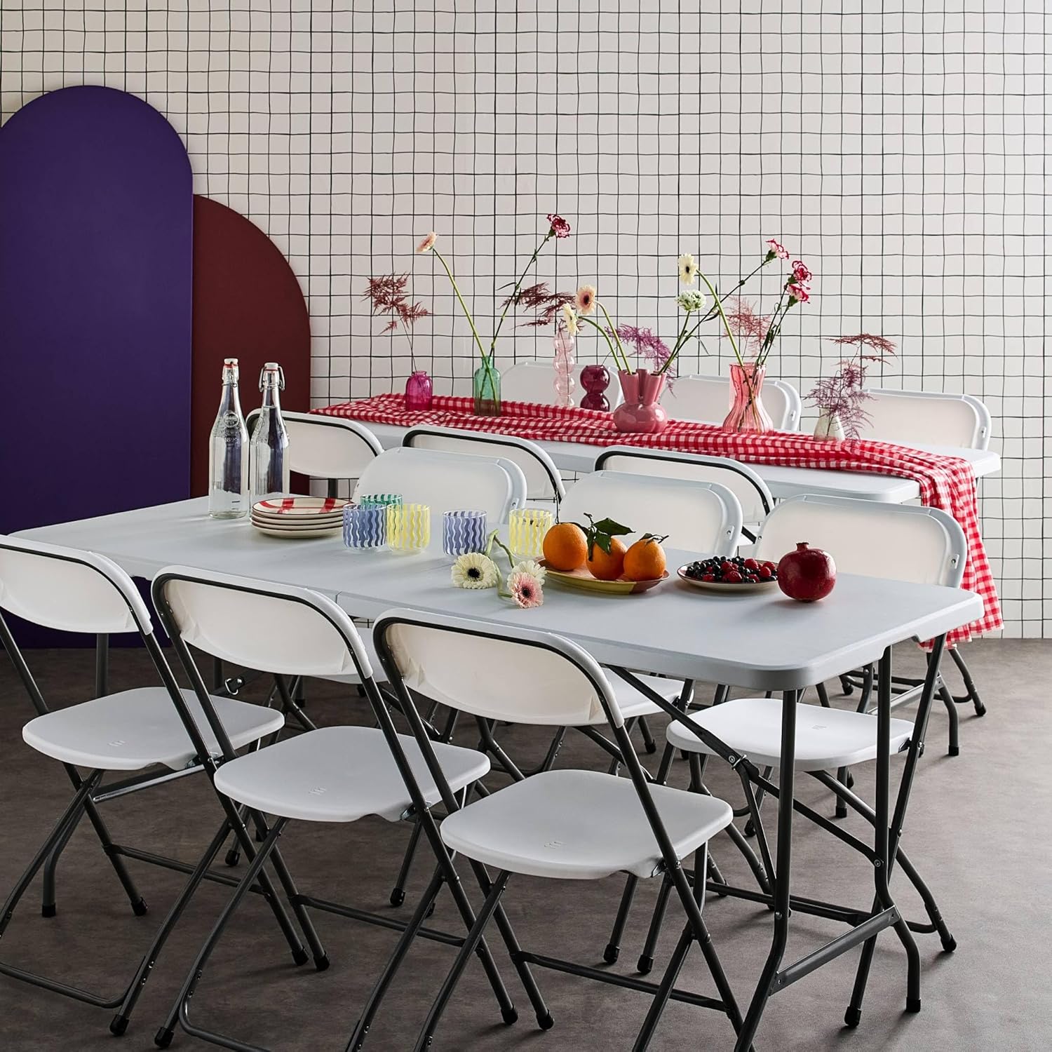 sweeek - Lot de 2 Tables de réception Pliables en Plastique Blanc 180cm + 12 chaises d'appoint. Table de Camping – Image 3