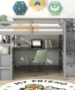 Full Size Loft Bed with Desk and Shelves, Two Built-in Drawers, Storage Staircase, Gray