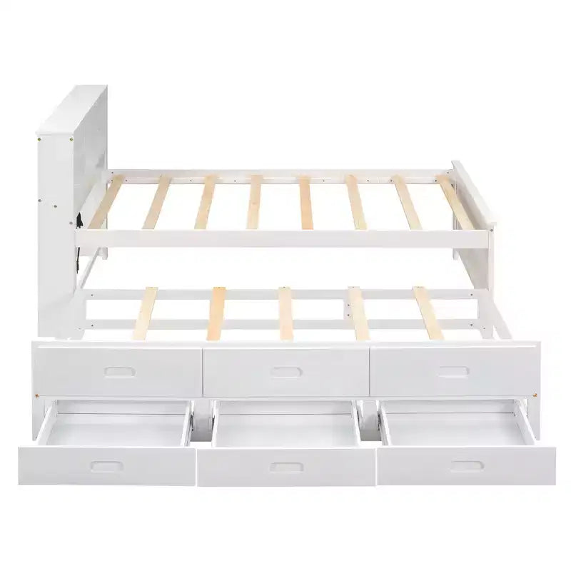 Platform Bed with Trundle and Drawers, Storage Platform Bed with USB, Wood Platform Bed with Bookcase – Image 23