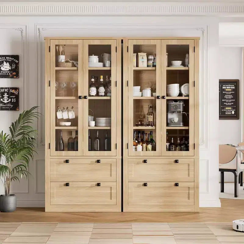 Farmhouse Kitchen Pantry Cabinet with Glass Doors, 72in Storage Cupboard with Drawers and Adjustable Shelves for Dining Room Bathroom Living Room – Image 15