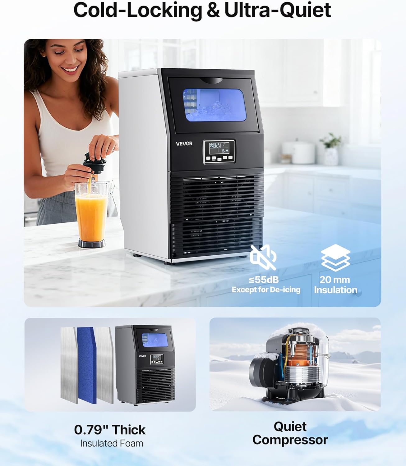 VEVOR Machine à Glaçons Commerciale 36 kg/24 h, Appareil de Préparation de Glaçons avec Capacité de Stockage de 5 kg, 32 Cubes par Cycle, avec Écran LED et Nettoyage Automatique, Restaurant Bar – Image 5