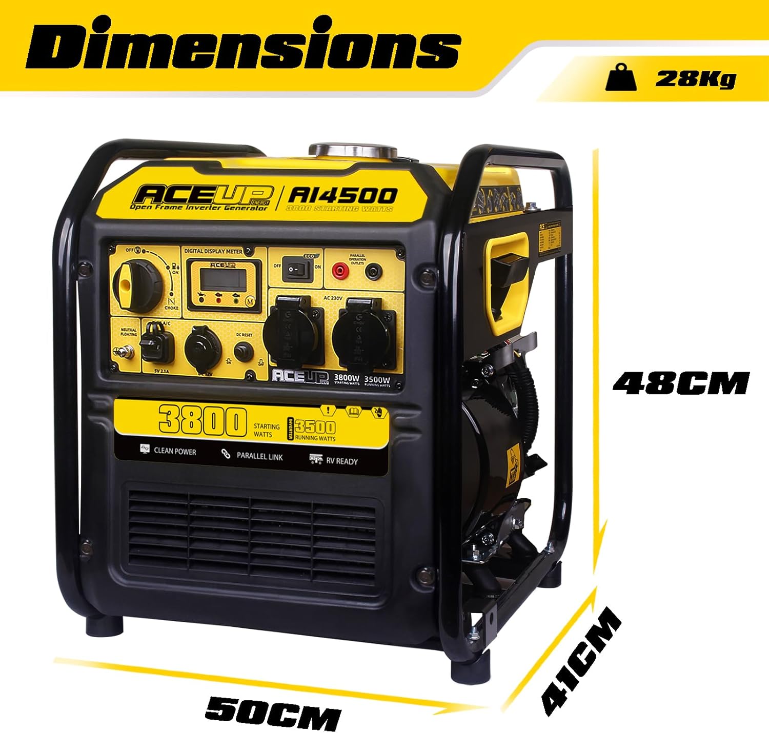 Aceup Energy Groupe électrogène à inverseur 3800W avec générateur à essence 230V 12V pour pannes de courant et chantiers de construction Affichage intelligent 4 temps – Image 3