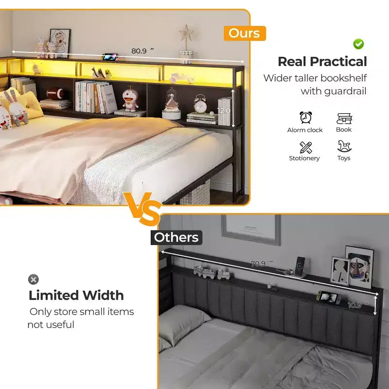 Black Full Bed Frame with LED Lights Charging Station Storage Bookcase 3 Drawers Upholstered Headboard Corner Daybed No Box Spring Support – Image 10
