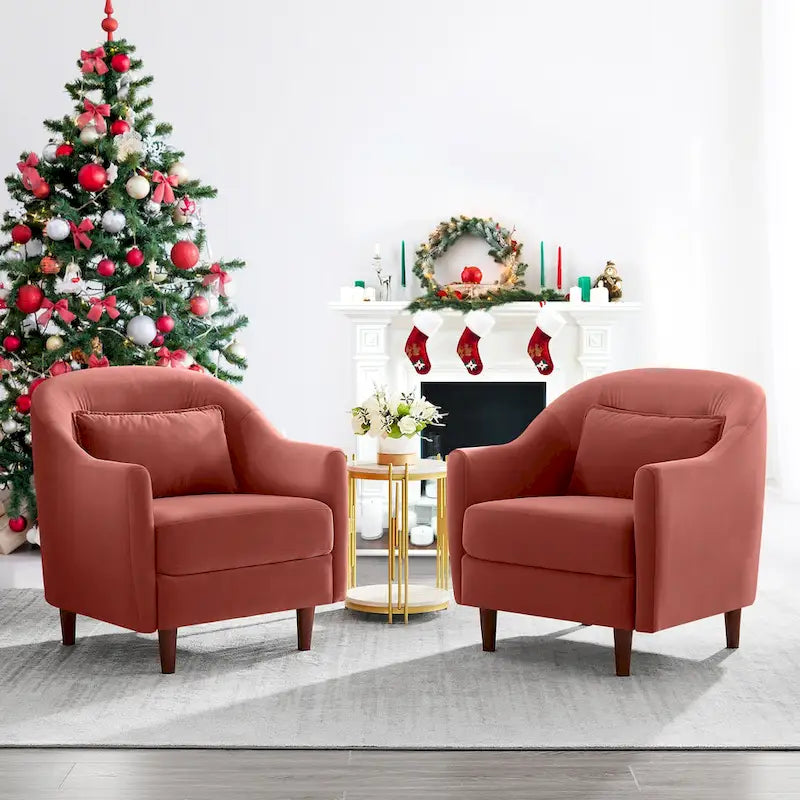 28.34W Set Of 2 Accent Armchair, Velvet Barrel Chair with Solid Wood Legs – Image 12