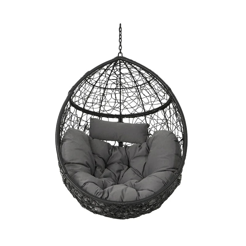 Khaki Brown / Gray Wicker Hanging Egg Chair with Cushion, 1-Person, 300 lbs Capacity – Image 4