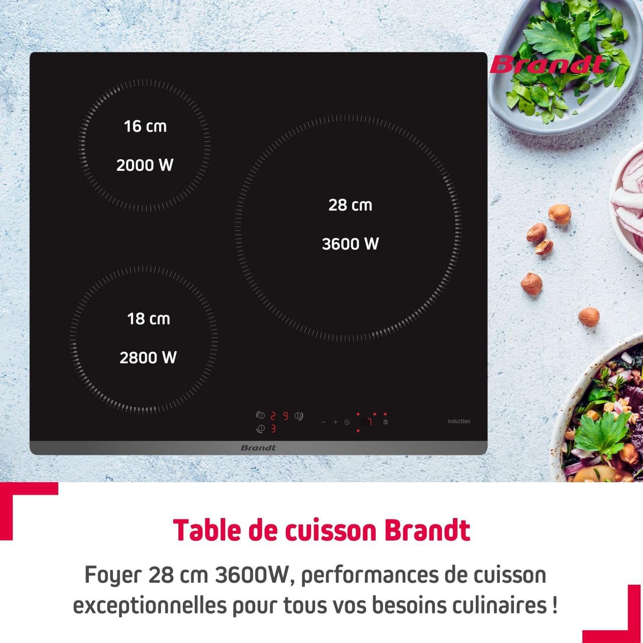 Brandt - BPI6315B - Plaque Induction - Table de Cuisson Encastrable - Noir - 3 Foyers - 7200W - Dimensions Encastrement : 56x49cm - Grand Foyer 28 cm et 10 Positions sécurités - Fabriqué en France – Image 5