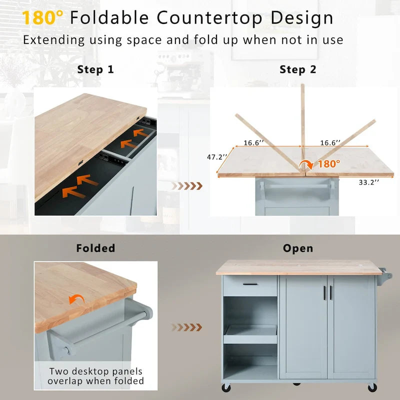 Kitchen Island with Foldable Counter Top, Kitchen Storage Cart with Slide-Out Shelf, Towel Rack and Drawer, Rolling Wheels – Image 3