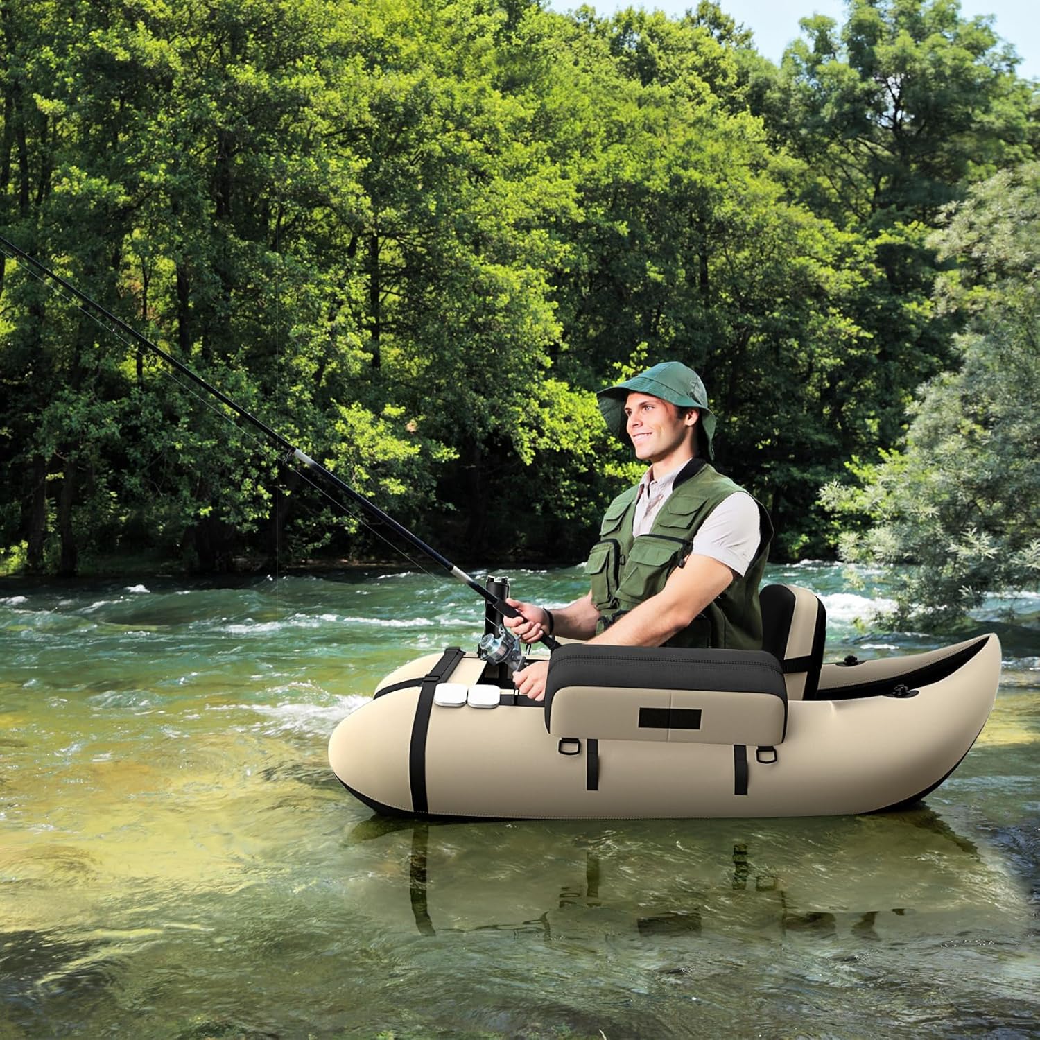 GYMAX Bateau Pêche Gonflable Portable, avec Pagaie, Règle à Poisson, Porte-Canne, Palmes, Pompe, Poches de Rangement, Tansport Pratique avec Bandoulières – Image 9