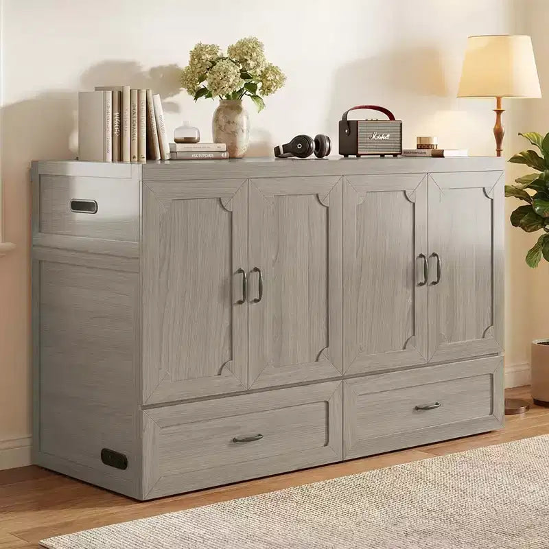 Mjkone Queen Size Convertible Murphy Cabinet Bed with Mattress, USB Charging, Storage Drawers – Image 37