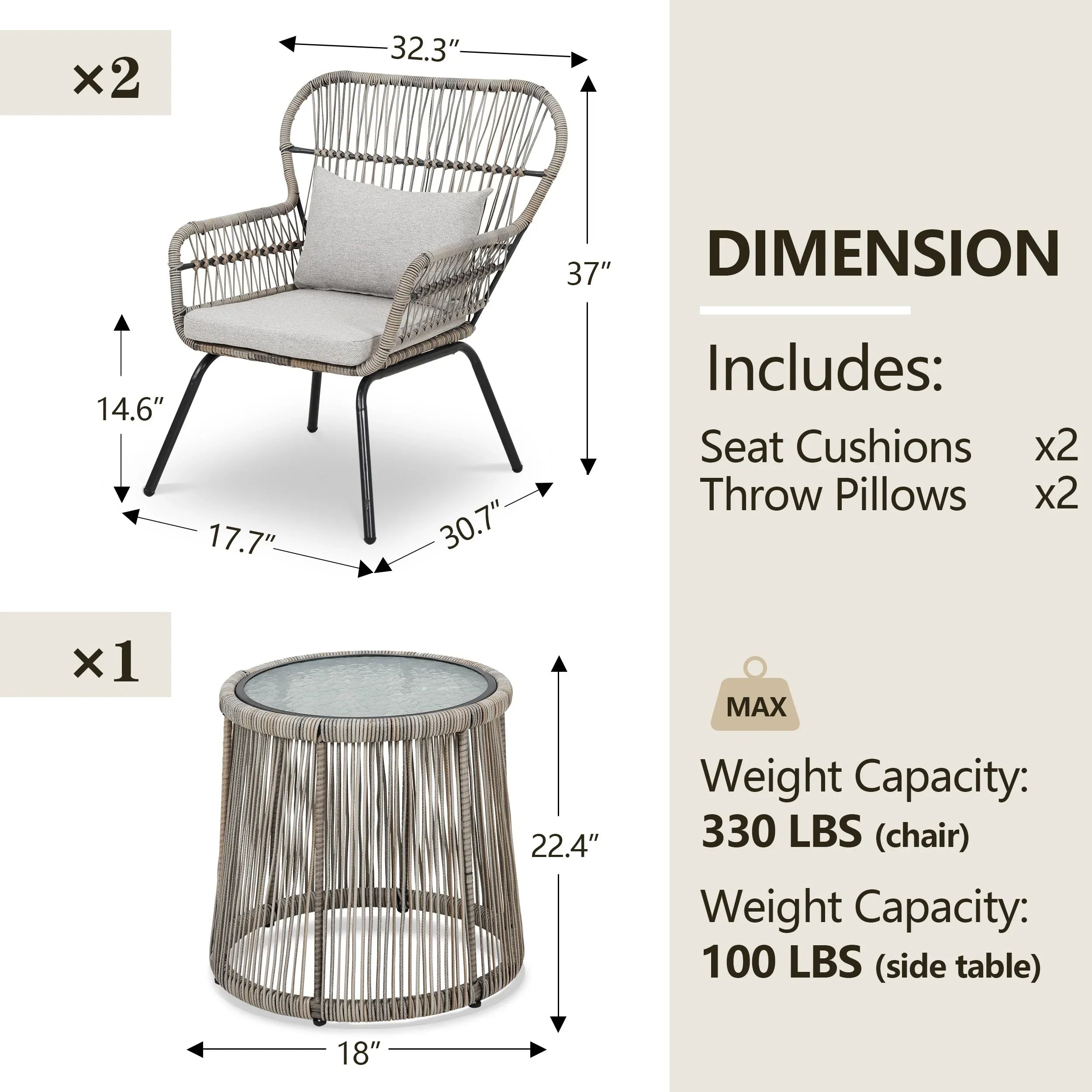 3 Piece Outdoor Wicker Conversation Bistro Set, All-Weather Rattan Furniture Patio Chairs Set with Cushions – Image 21