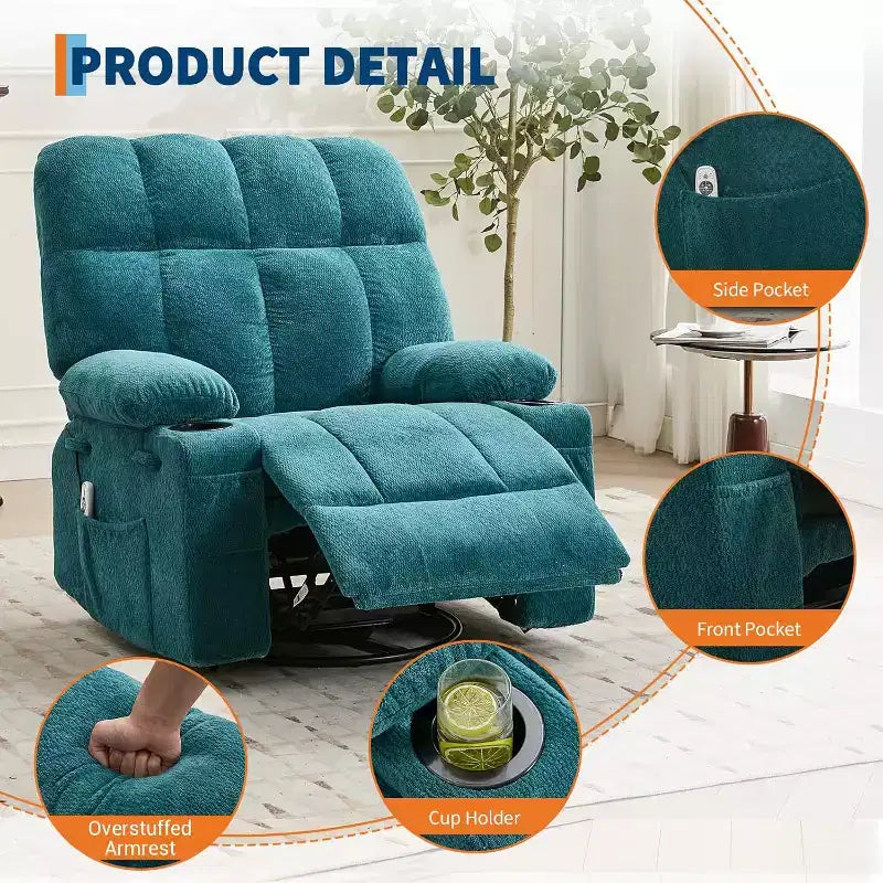 Oversized Recliner Chair for Adults, Manual Swivel Rocker Sofa, Side Pockets & Cup Holders for Big and Tall Persons, Living Room – Image 30