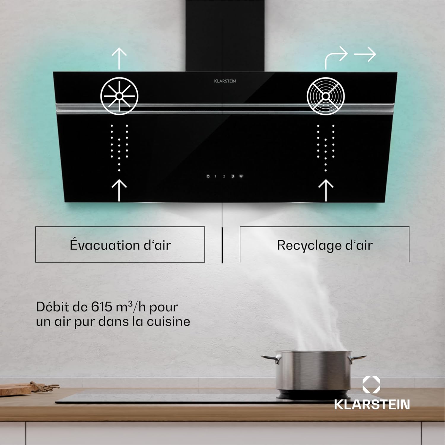 Klarstein Alina 90 Hotte Aspirante - Hotte Décorative 90 cm, Débit d'Air 600 m3/h, Énergie Classe A, Panneau Tactile, LED Multicolore, Silencieuse 63 dB, Recyclage, Noir – Image 2