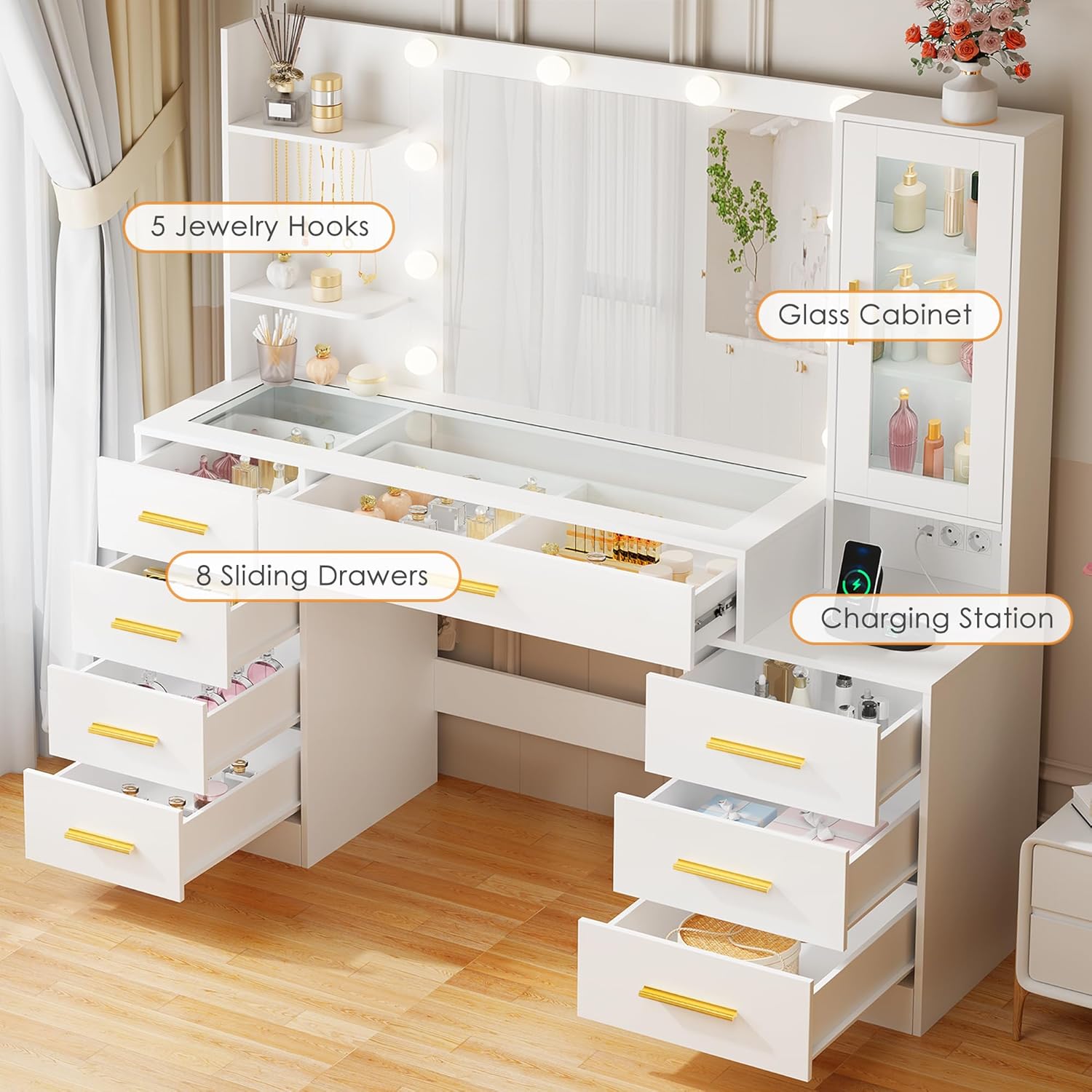 ANWBROAD Grande Coiffeuse avec Miroir et Prise, Éclairage LED Réglable,Table de Maquillage avec Plateau en Verre Coiffeuse Moderne avec 8 Tiroirs 3 Étagères 5 Crochets Blanc BDT88W – Image 2