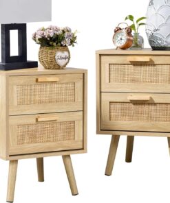 Finnhomy Lot de 2 tables de chevet, tables d'appoint avec 2 tiroirs décorés à la main en rotin, en bois, avec rangement pour chambre à coucher, naturel