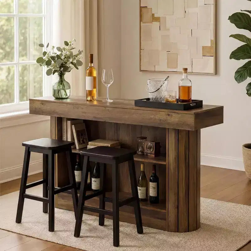 Lantine Bar Table, 63-Inch Wooden Home Bar Unit with Metal Footrest, Pub Table with Storage Shelves for Living Room, Bistro, Dining Room (Brown) – Image 3