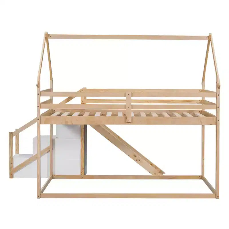 House Bunk Beds with Slide and Storage Stairs, Kids Wood Twin over Twin Bunk Bed with Roof and Stairs for Girls Boys – Image 9