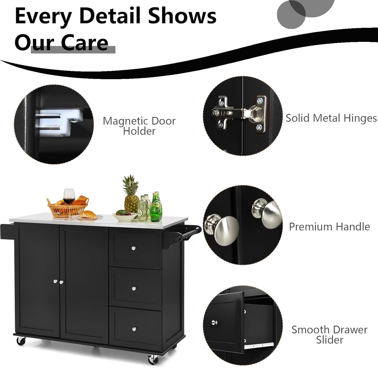 KOMFOTTEU Îlot Central Mobile avec Plan de Travail en Acier Inoxydable, Chariot de Cuisine avec 3 Tiroirs, Porte-Serviettes et Étagère réglable, Desserte sur roulettes, 135 x 45,5 x 91,5 cm Noir – Image 4