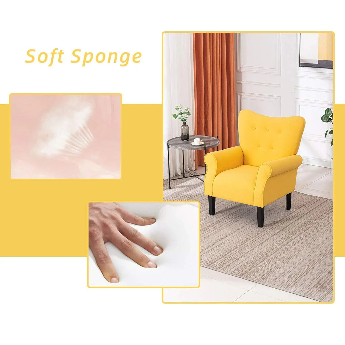 Erommy Modern Accent Chair, High Back Armchair, Upholstered Fabric Button Single Sofa with Wooden Legs for Living Room – Image 11