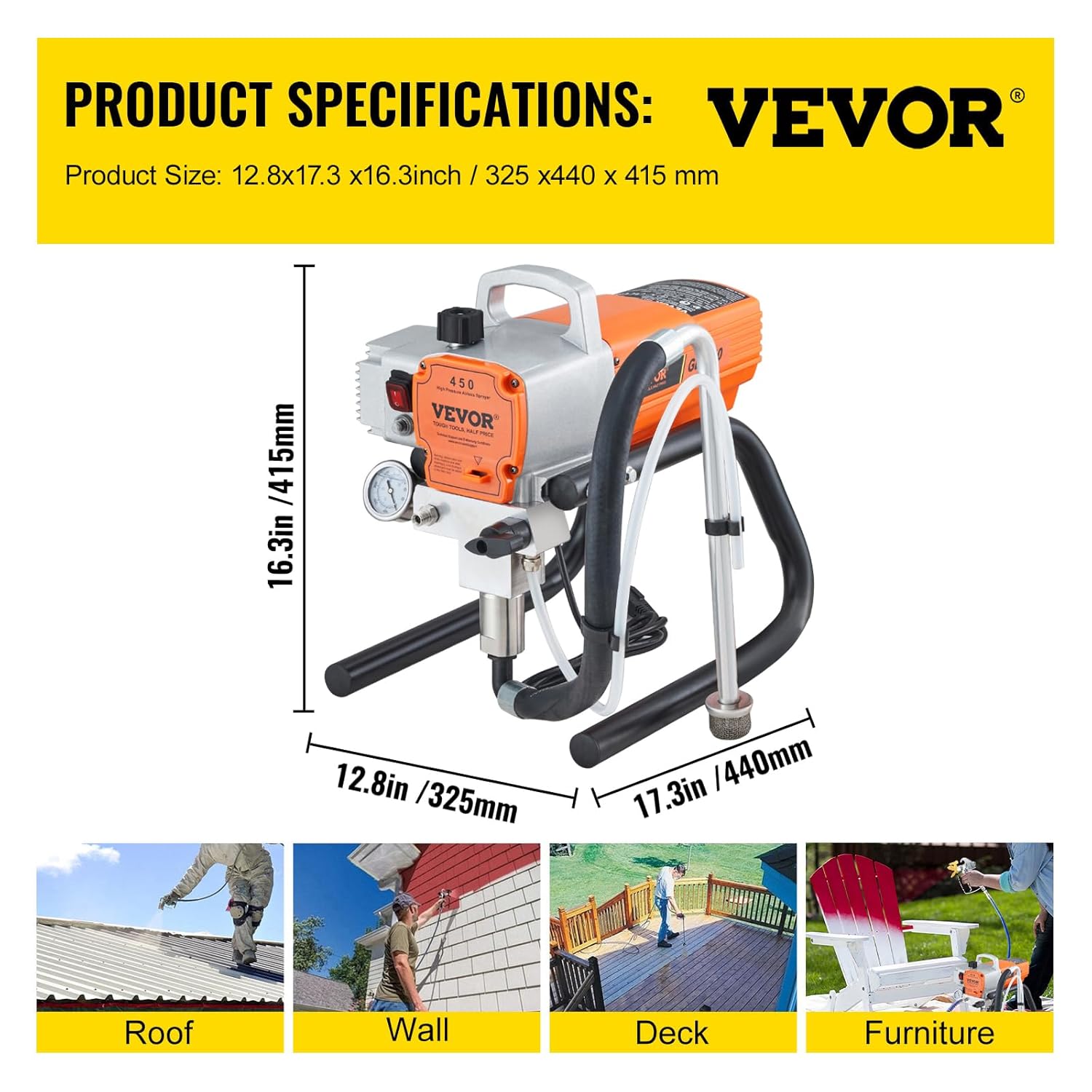 VEVOR Pulvérisateur sans Air avec Tuyau Haute Pression, Pistolet de Peinture Murale 1500 W, 3000 PSI, 1,8 L/Min, pour Peinture Intérieure et Extérieure Fournitures Clôtures Construction Maison – Image 7