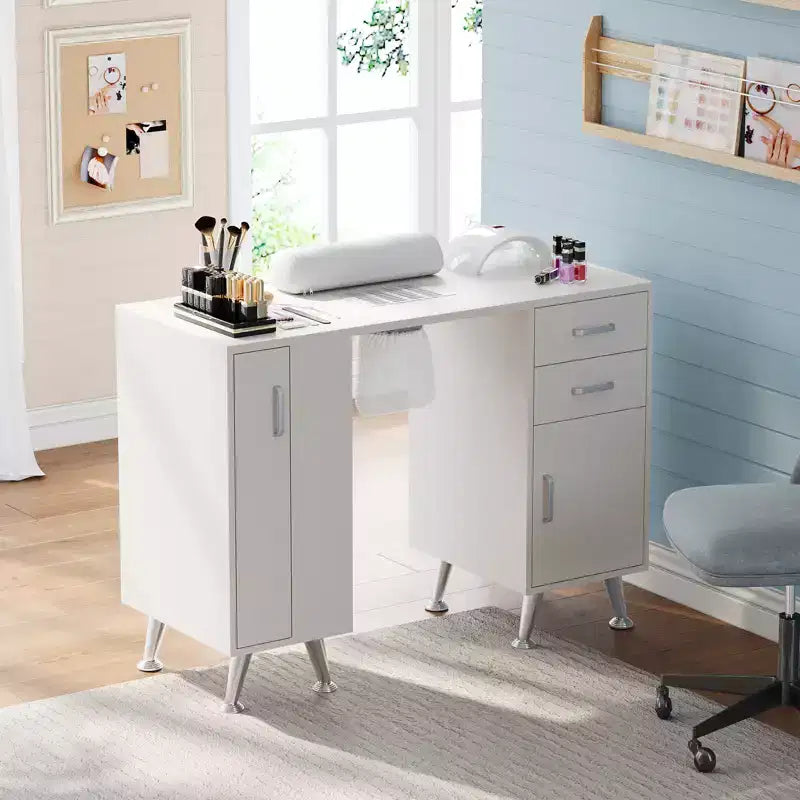 42'' Manicure Table for Nail Tech with Dust Collector and Wrist Rest, Nail Desk with Vertical Pull-Out Locker, 1 Storage Cabinet, 2 Drawers – Image 2
