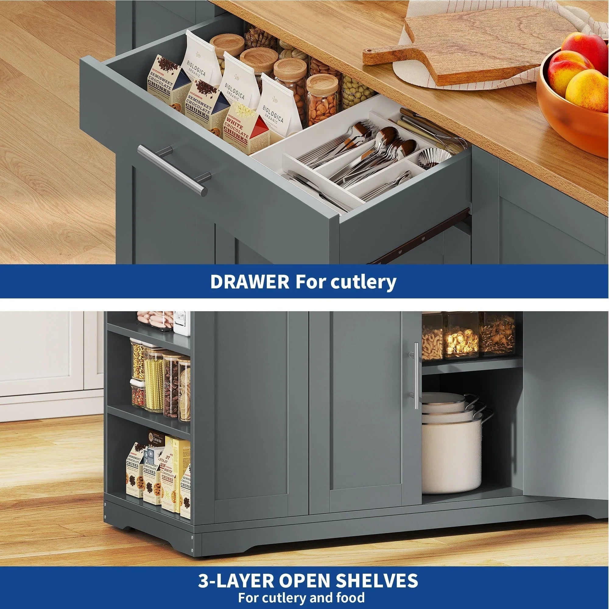 Moasis 53-inch Rolling Kitchen Island Storage Cabinet Portable Mobile Kitchen Cart – Image 18