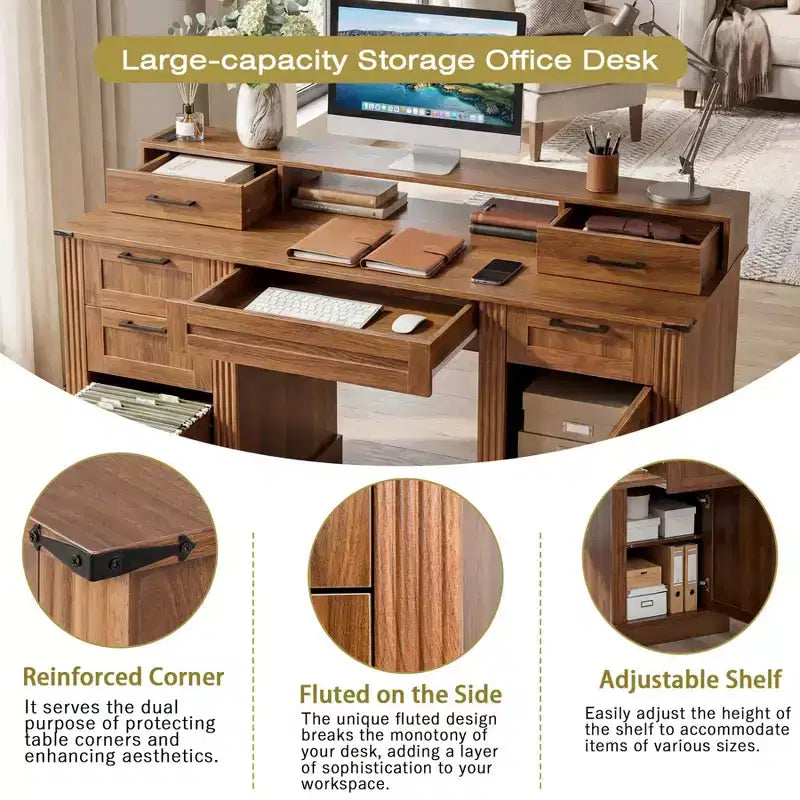 59 Executive Desk with 6 Drawers, Wooden Computer Desk with File Drawer & Charging Station, Home Office Desk Conference Table for Home Office – Image 7