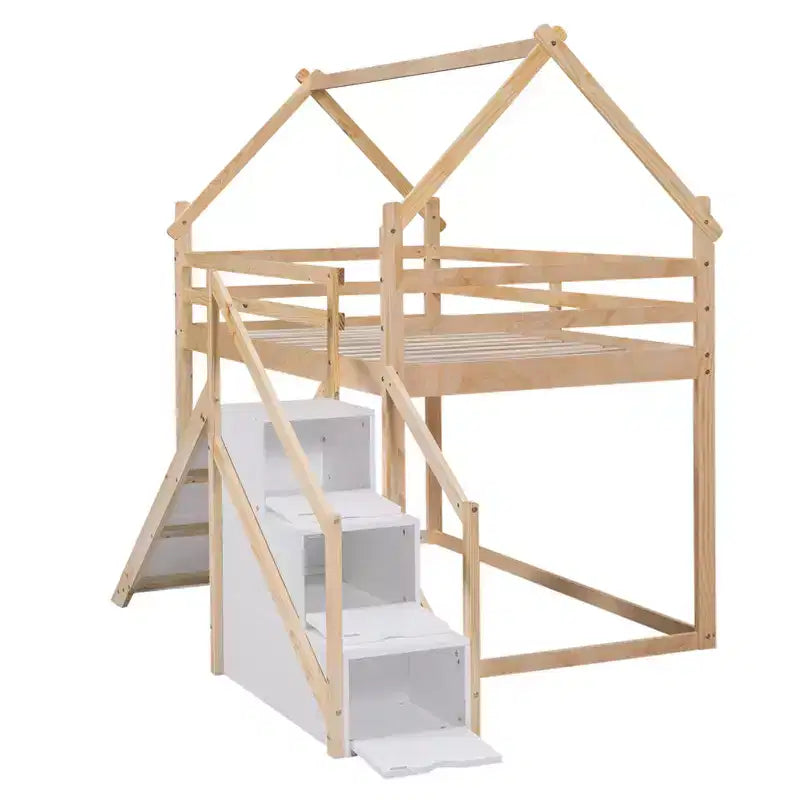 House Bunk Beds with Slide and Storage Stairs, Kids Wood Twin over Twin Bunk Bed with Roof and Stairs for Girls Boys – Image 12