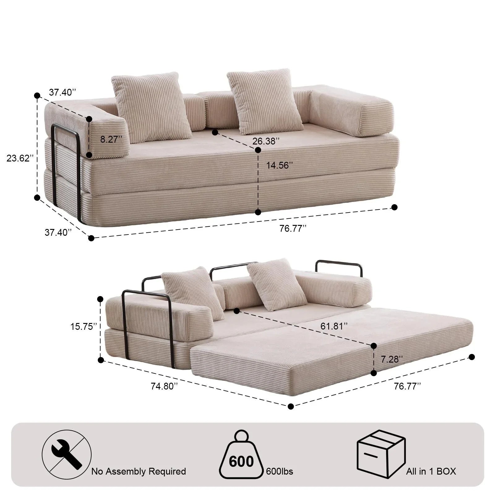 Convertible Floor Sofa Bed with Pillow Back Chenille Fabric for Living Room Bedroom – Image 24