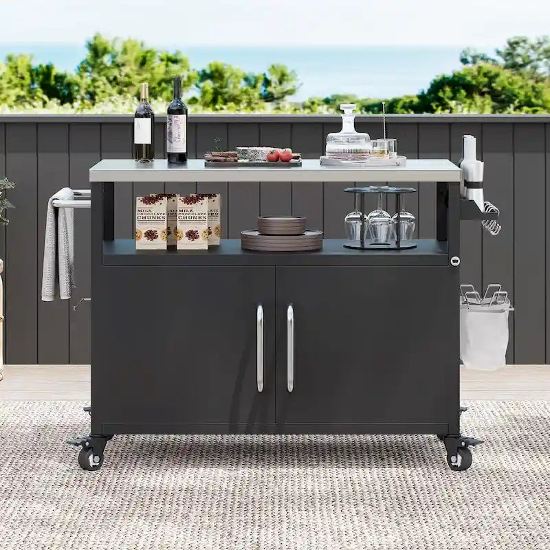 Outdoor Kitchen Island With Stainless Steel Tabletop,Metal Grill Cart Table With Storage Cabinet - N/A – Image 12