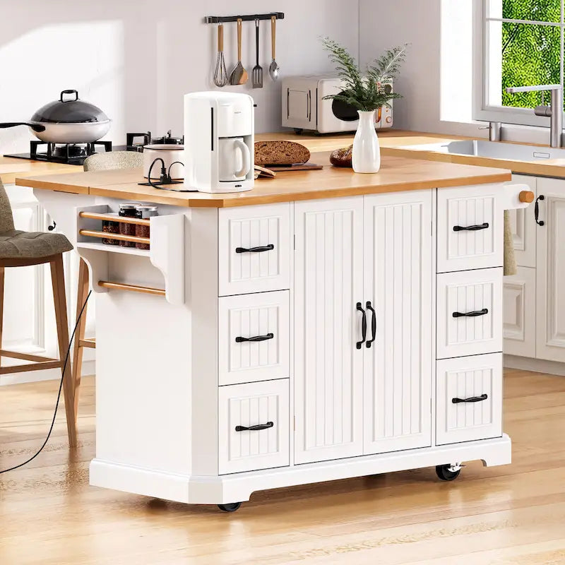 Expandable Drop-Leaf Kitchen Island, Kitchen Cart on 4 Wheels with Power Outlet, Moveable Island Table with 2 Door & 6 Drawers – Image 24