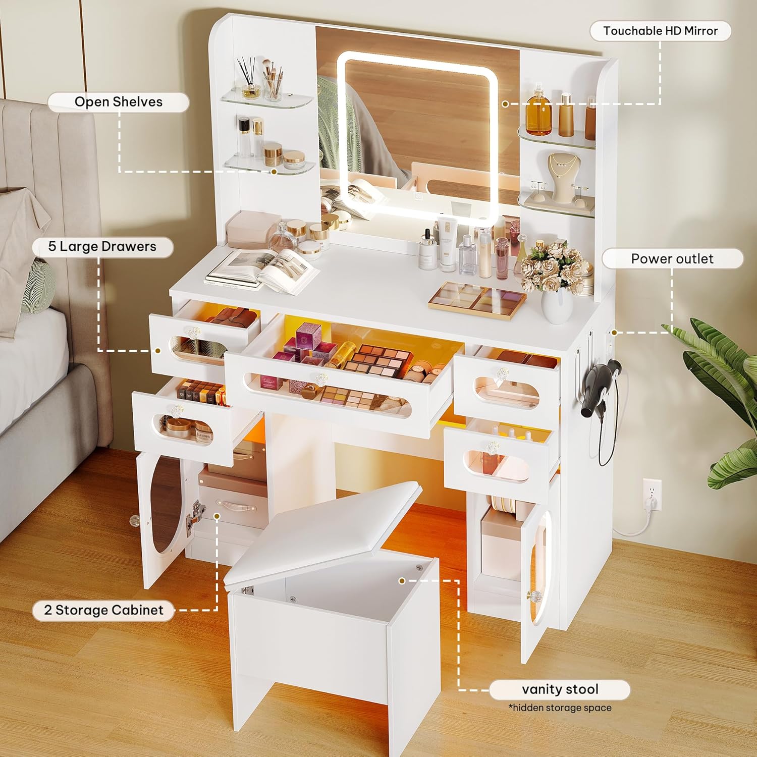 YITAHOME Grande Coiffeuse avec Miroir LED et Prises 3 Couleurs Luminosité Réglable, Blanche Bureau Coiffeuse avec Tabouret 5 Tiroir et 2 Armoire 4 Étagères Rangement, RGB Moderne Couffeuse – Image 4
