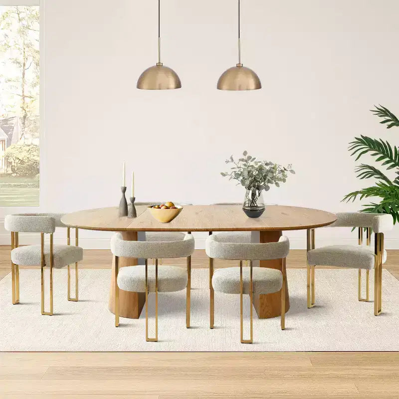 3-in-1 Oval Extendable Dining Table Set with 6 Chenille Upholstered Chairs Featuring Gold Metal Legs, Versatile Dining Furniture-Panipeachy – Image 18