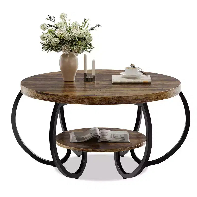 30 Inch Round Industrial Coffee Table 2-Tier with Adjustable Feet Wood Grain Shelf Flame Design Easy Assembly Living Room – Image 4