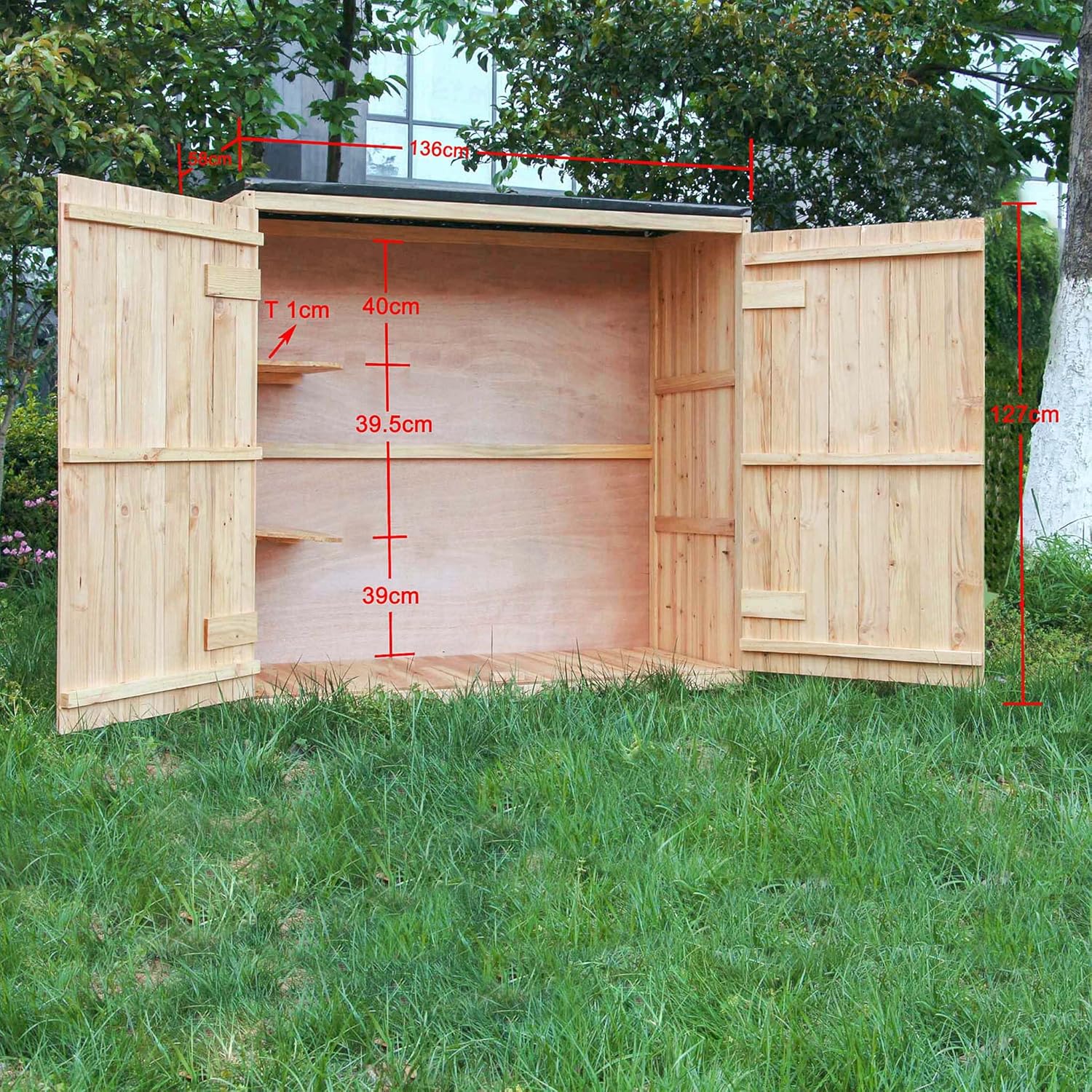 Wiltec Abri de Jardin – 1360 x 580 x 1270 mm – en Bois Verni – avec Toit revêtu par PVC et 2 Portes – Cabane Remise pour Rangement Outils pour Jardin, Terrasse & Balcon – Image 5