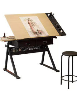 Height Adjustable Drafting Table, 0-75 Tilting Drawing Table Art Desk for Adults, Artist Desk with 2 Storage Drawers, with Stool