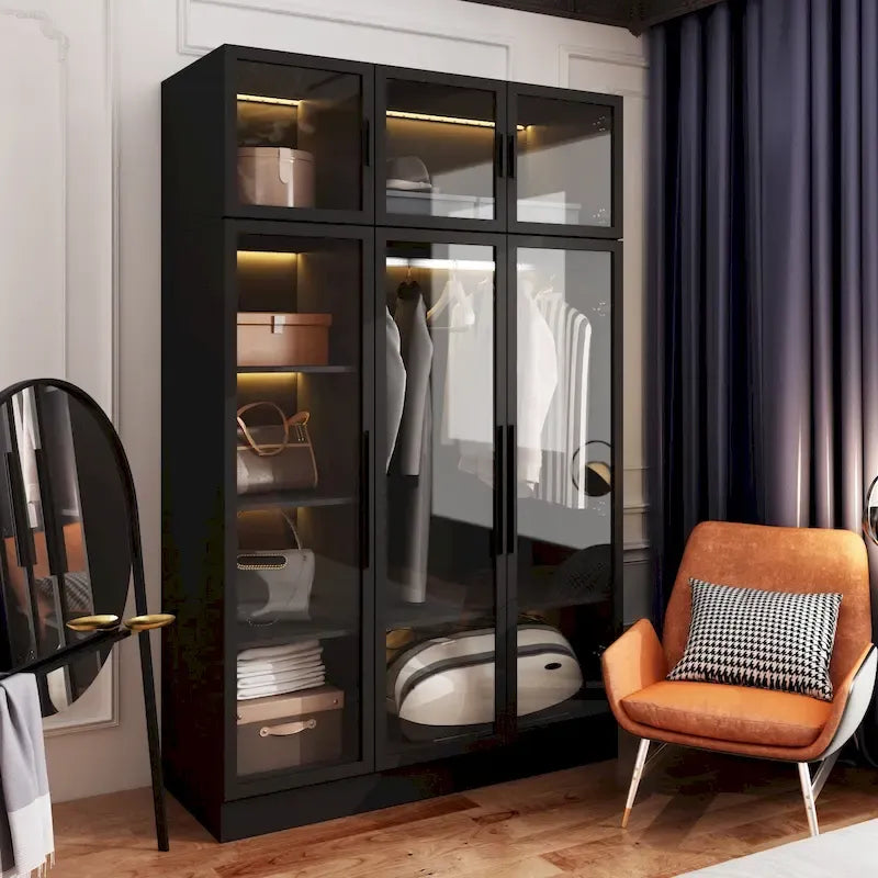47.2 Wide Armoire LED Light All Glass Door Closet Cabinet Wardrobe – Image 17